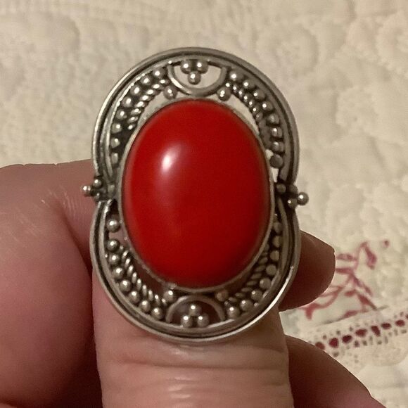 STERLING SILVER 925 RED CORAL WOMAN RING SIZE US 8​ - Picture 4 of 8